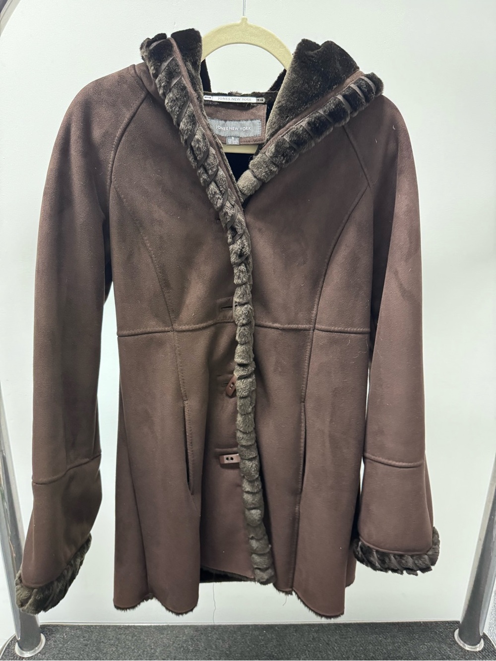 Jones New York Chocolate Brown Faux Shearling Hooded Coat